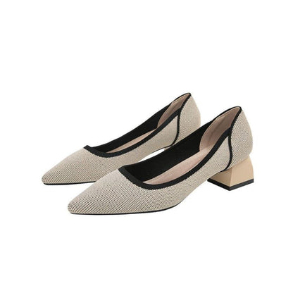 Pointed Contras Trim Chunky Heel Pumps