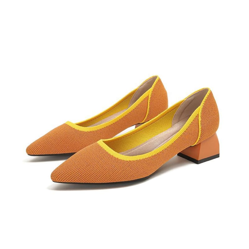 Pointed Contras Trim Chunky Heel Pumps