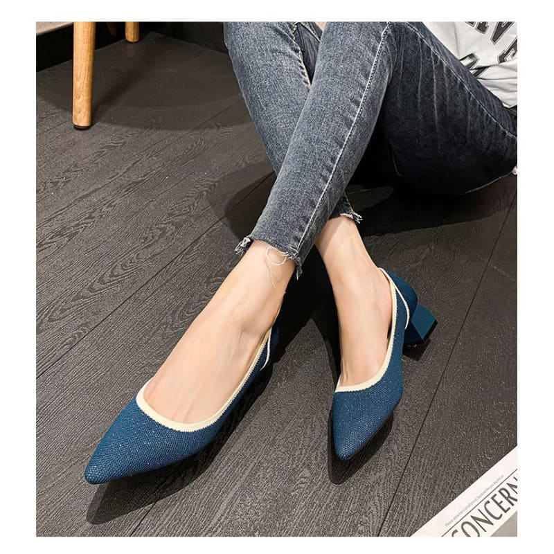 Pointed Contras Trim Chunky Heel Pumps