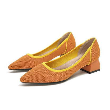 Pointed Contras Trim Chunky Heel Pumps - Orange / 34