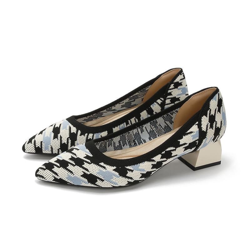 Pointed Patterned Chunky Heel Pumps