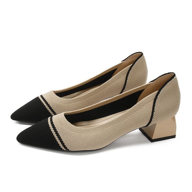 Pointed Patterned Chunky Heel Pumps - Almond & Black / 34