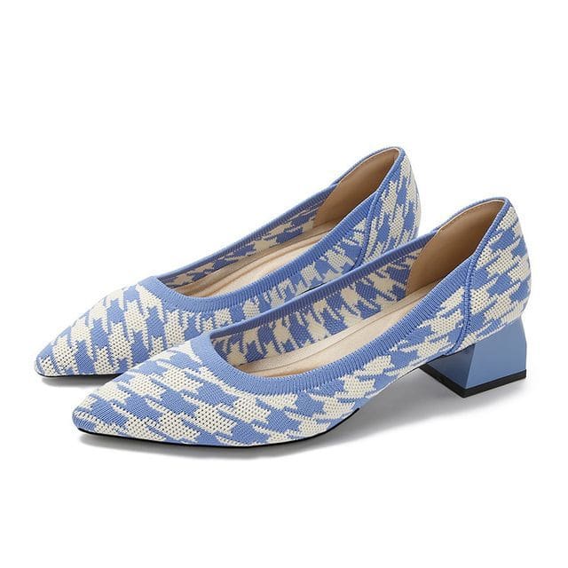 Pointed Patterned Chunky Heel Pumps - Argyle - Blue / 34