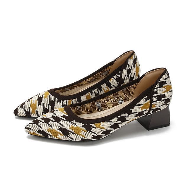 Pointed Patterned Chunky Heel Pumps - Argyle - Brown / 34