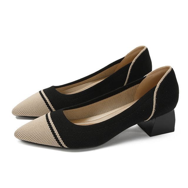 Pointed Patterned Chunky Heel Pumps - Black & Almond / 34