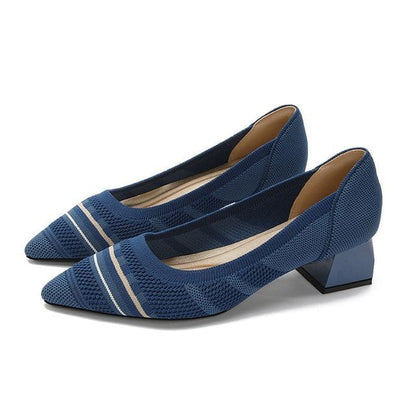 Pointed Patterned Chunky Heel Pumps - Blue / 34