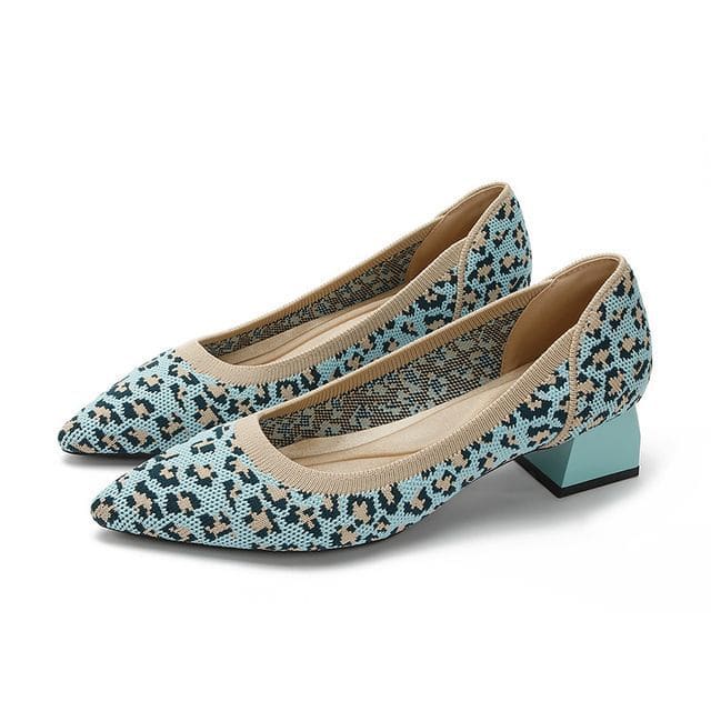 Pointed Patterned Chunky Heel Pumps - Leopard - Blue / 34