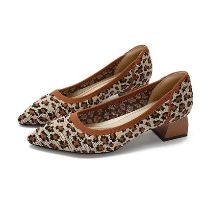 Pointed Patterned Chunky Heel Pumps - Leopard - Brown / 34