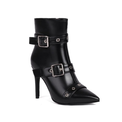 Pointed Toe Buckled High Heel Short Boots