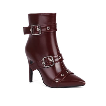 Pointed Toe Buckled High Heel Short Boots - Wine Red / 34