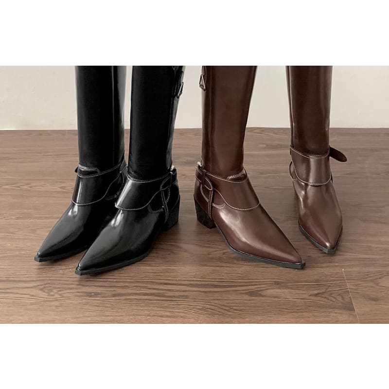 Pointed Toe Buckled Panel Knee High Boots