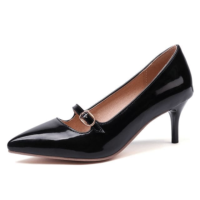 Pointed Toe Mary Jane Kitten Heel Pumps - Black / 30