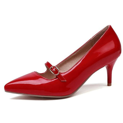 Pointed Toe Mary Jane Kitten Heel Pumps - Red / 30