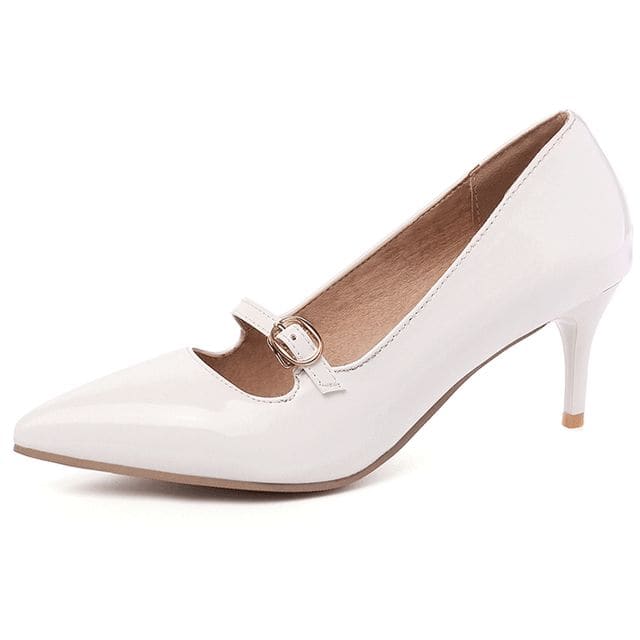 Pointed Toe Mary Jane Kitten Heel Pumps - White / 30