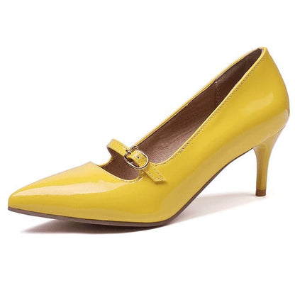 Pointed Toe Mary Jane Kitten Heel Pumps - Yellow / 30