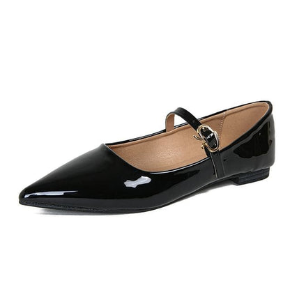 Pointed Toe Plain Patent Leather Mary Jane Flats - Black