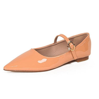 Pointed Toe Plain Patent Leather Mary Jane Flats - Nude