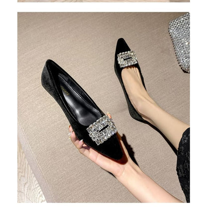 Pointed Toe Rhinestone Buckle Wedge Pumps