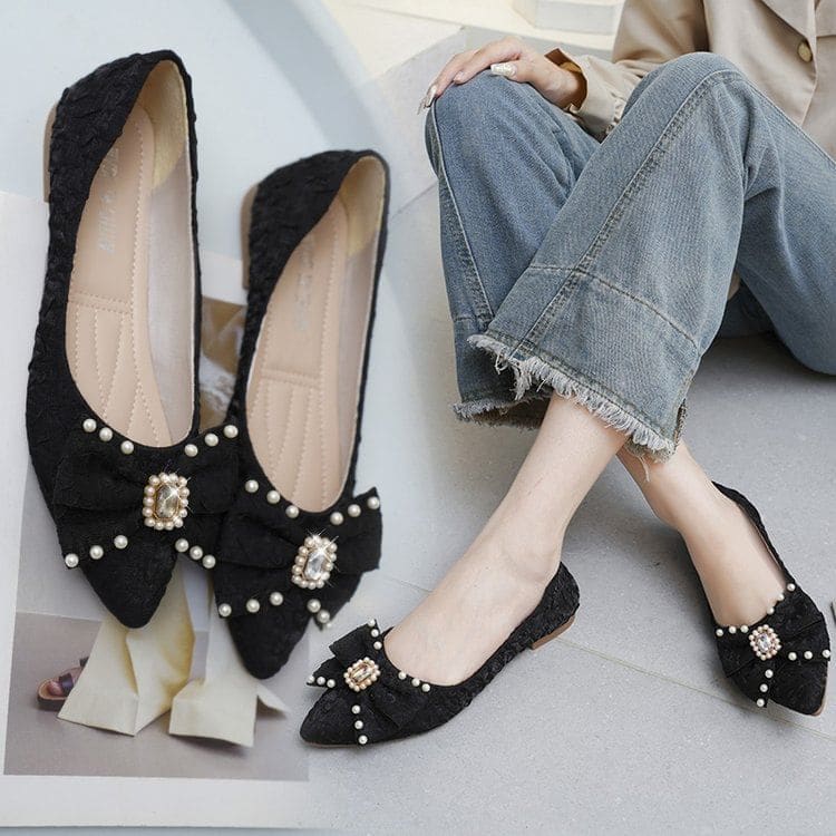 Pointed Toe Rhinestone Faux Pearl Bow Flats