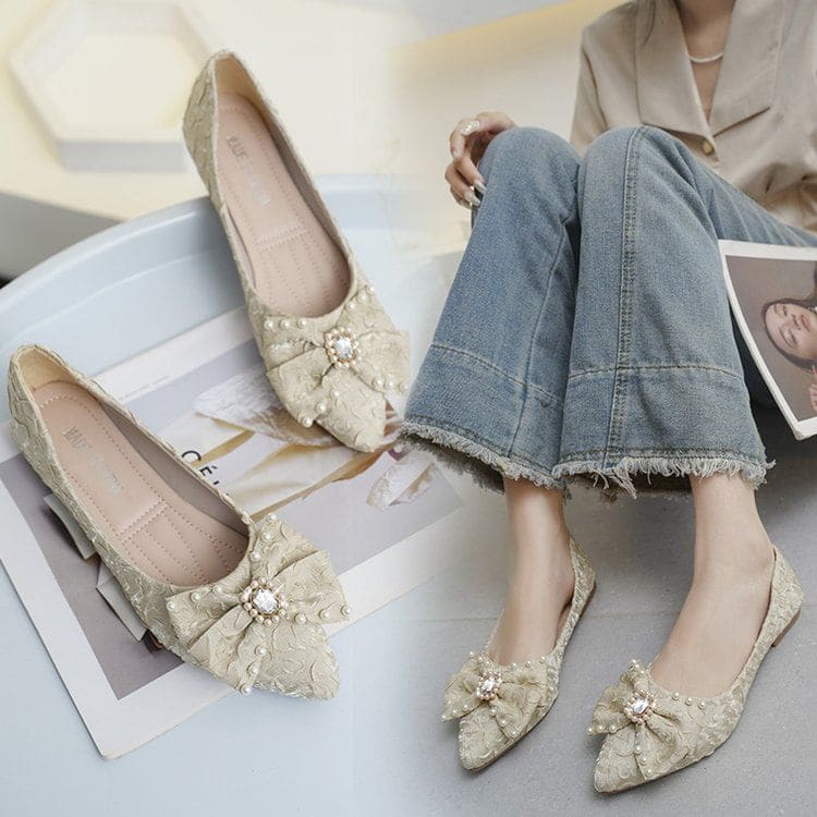 Pointed Toe Rhinestone Faux Pearl Bow Flats