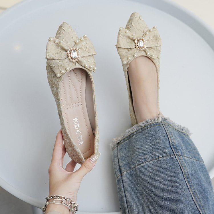 Pointed Toe Rhinestone Faux Pearl Bow Flats