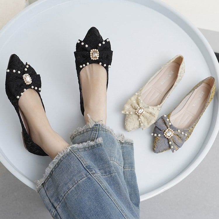 Pointed Toe Rhinestone Faux Pearl Bow Flats