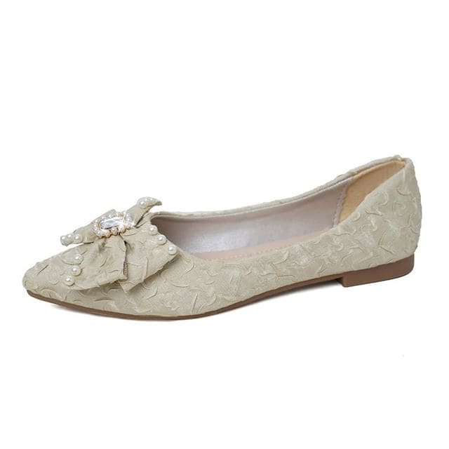 Pointed Toe Rhinestone Faux Pearl Bow Flats - Beige / 35