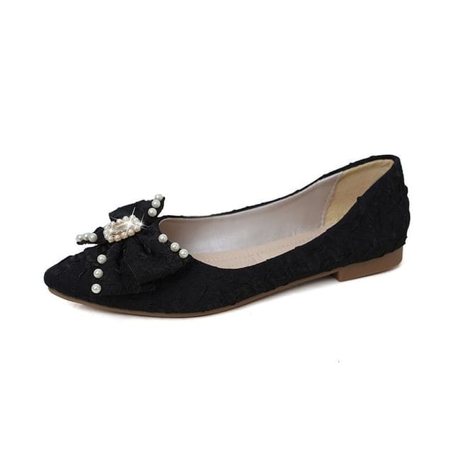 Pointed Toe Rhinestone Faux Pearl Bow Flats - Black / 35