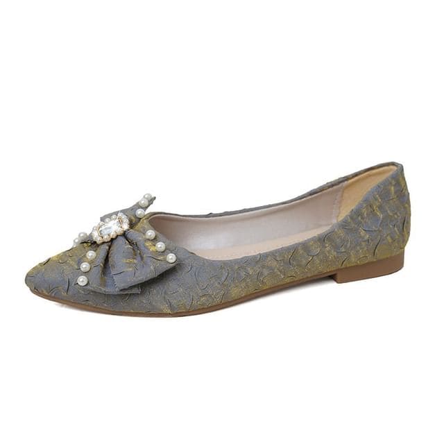 Pointed Toe Rhinestone Faux Pearl Bow Flats - Blue / 35