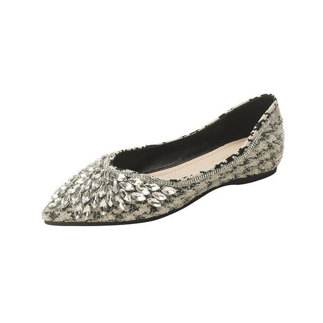 Pointy-Toe Rhinestone Flats - Black / 35