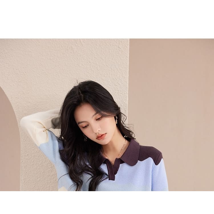 Polo Neck Color Block Sweater