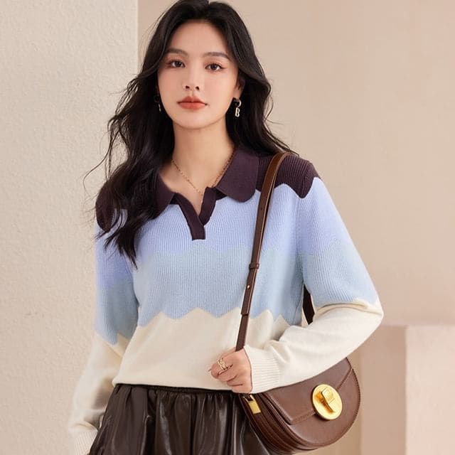 Polo Neck Color Block Sweater - Blue & Off-White / S