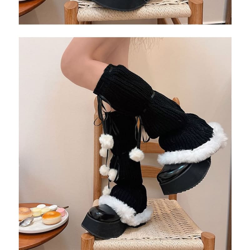 Pom Pom Fluffy Trim Knit Leg Warmers