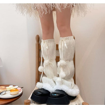 Pom Pom Fluffy Trim Knit Leg Warmers