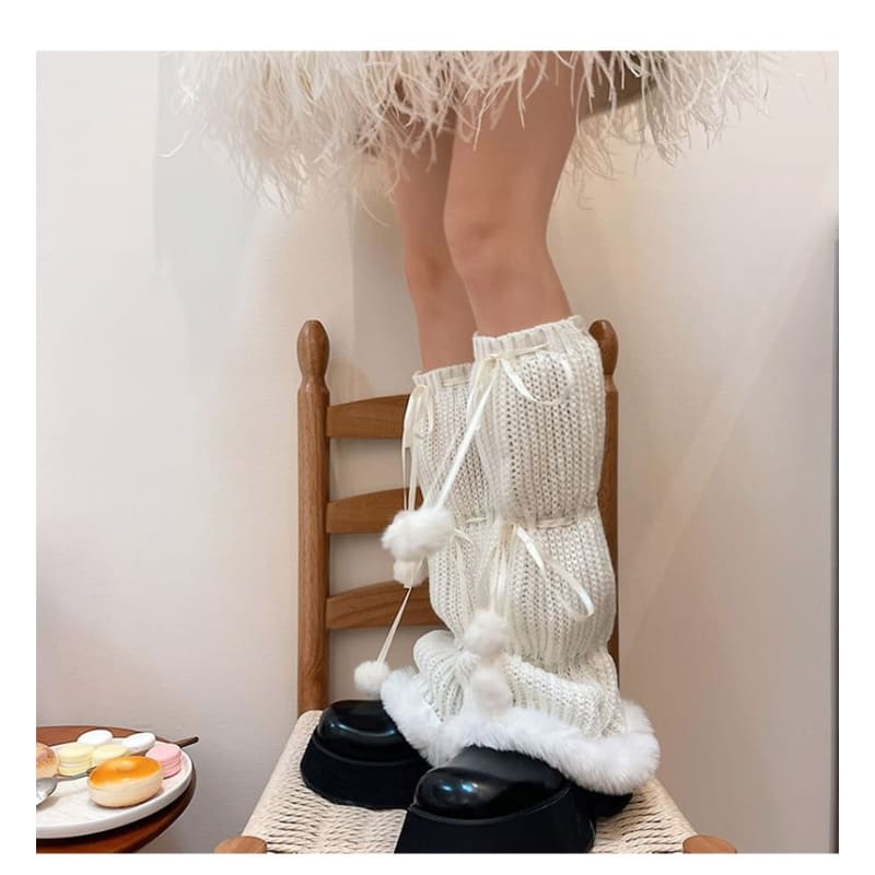 Pom Pom Fluffy Trim Knit Leg Warmers