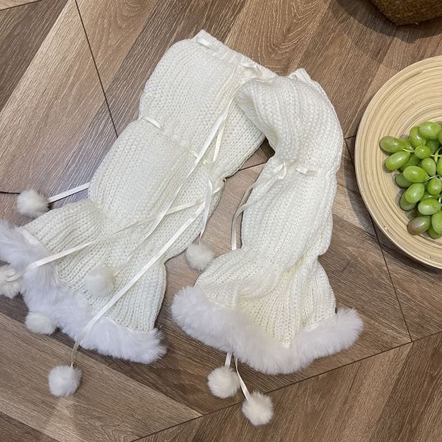 Pom Pom Fluffy Trim Knit Leg Warmers - White / One Size