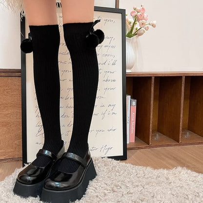 Pom Pom Knee High Socks / Over - Knee High - Black