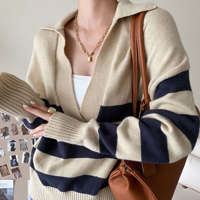 Preppy Collar Striped Pullover - Sweater