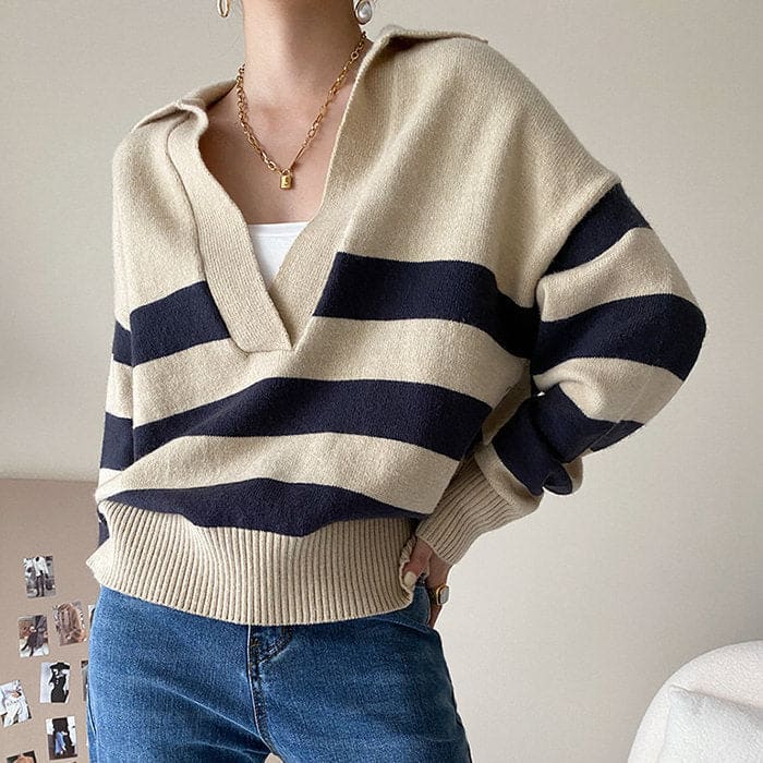 Preppy Collar Striped Pullover - Sweater