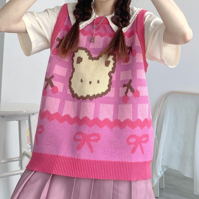 Preppy Style Kawaii Bunny Bear Winter Lolita Knitted Vest