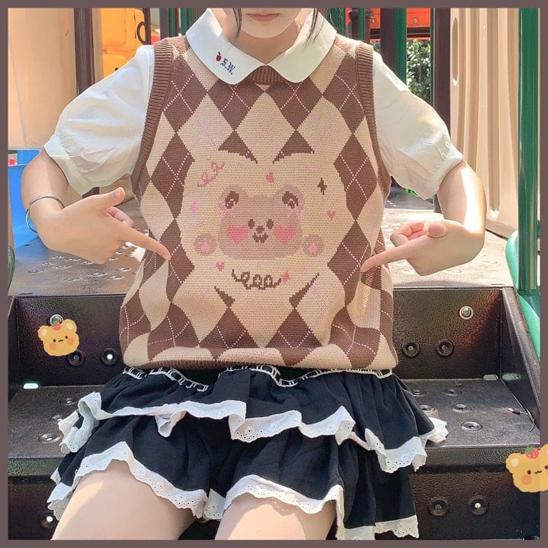 Preppy Style Kawaii Bunny Bear Winter Lolita Knitted Vest