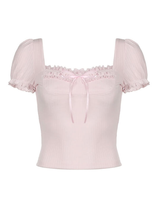 Princess Pink Bow Puff Sleeves Top - short sleeve tops