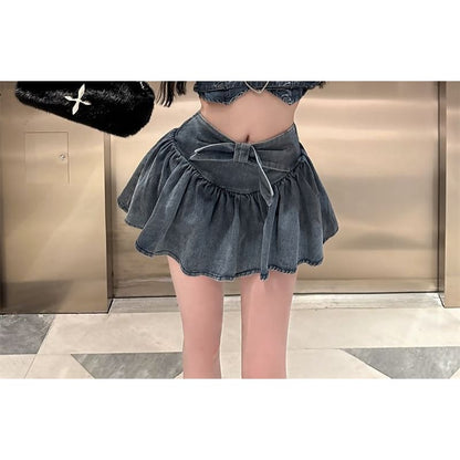 Print Belted Denim Crop Tube Top / High Waist Mini