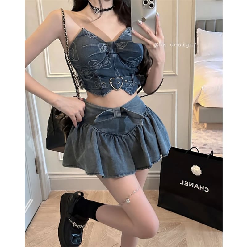 Print Belted Denim Crop Tube Top / High Waist Mini