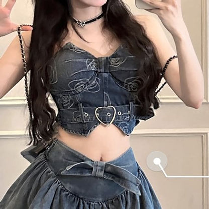 Print Belted Denim Crop Tube Top / High Waist Mini - Top