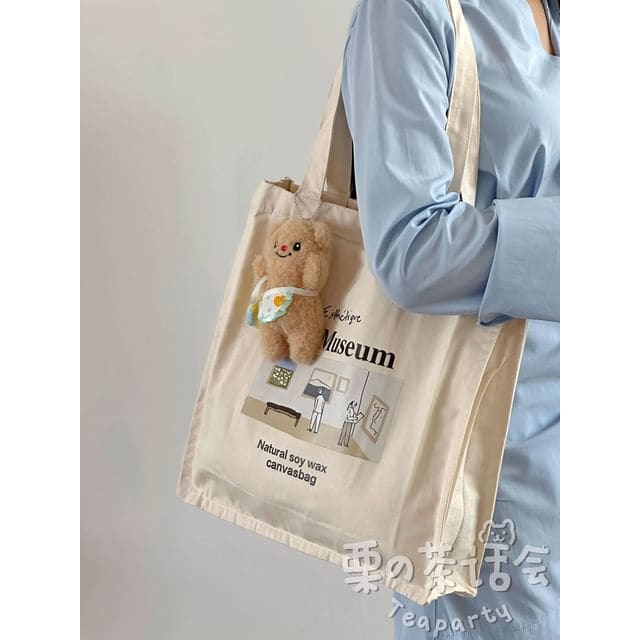 Print Canvas Tote Bag / Bag Charm / Set - 01 - With Bear