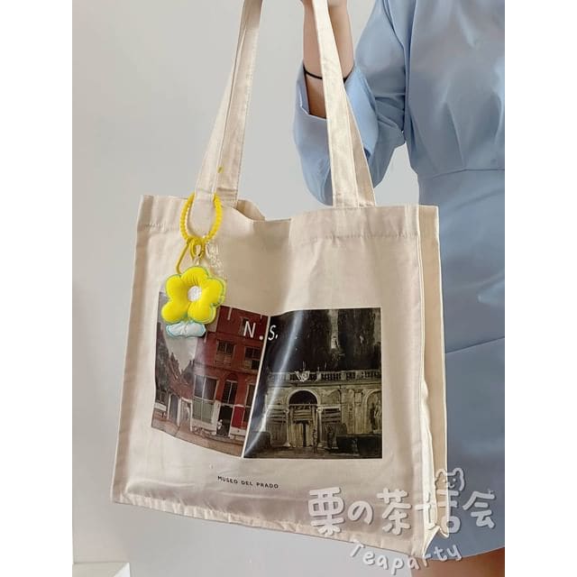 Print Canvas Tote Bag / Bag Charm / Set - 01 - With Flower