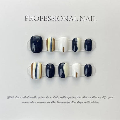 Print Faux Nail Tips - Blue & Black & White / XS