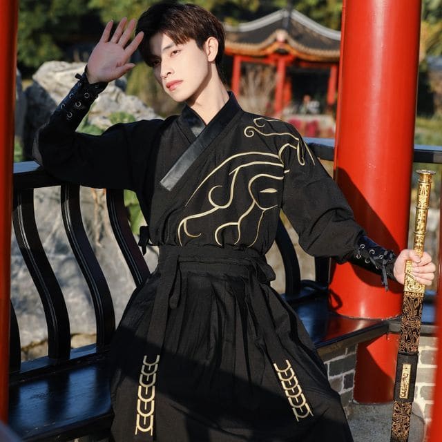 Print Hanfu Costume Set - Set - With Forearm - Black / S