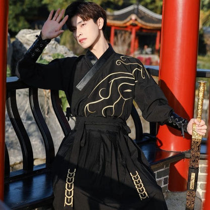 Print Hanfu Costume Set - Set - With Forearm - Black / S